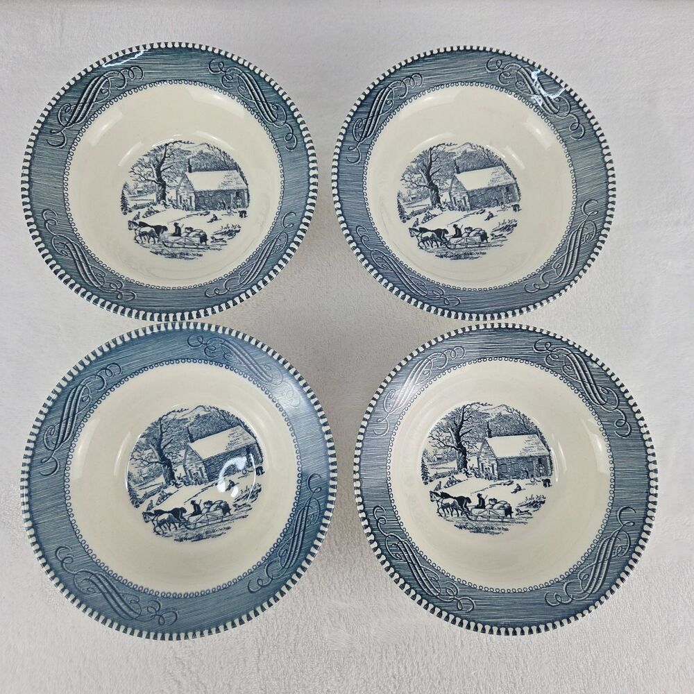Set of 4 Vintage Royal China Currier & Ives Blue School House Soup Cereal Bowls